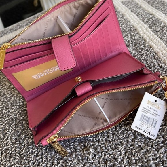 Michael Kors Jet Set Travel Large Double Zip Wristlet Wallet Rosewood Leather - Picture 11 of 16